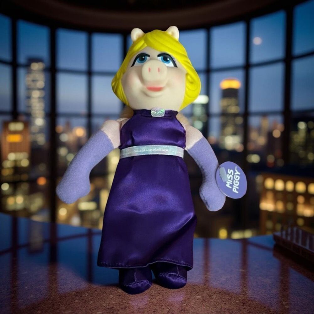 NWT Vintage 1991 MISS PIGGY Doll Purple Dress Soft Body Vinyl Head Jim Henson 7”